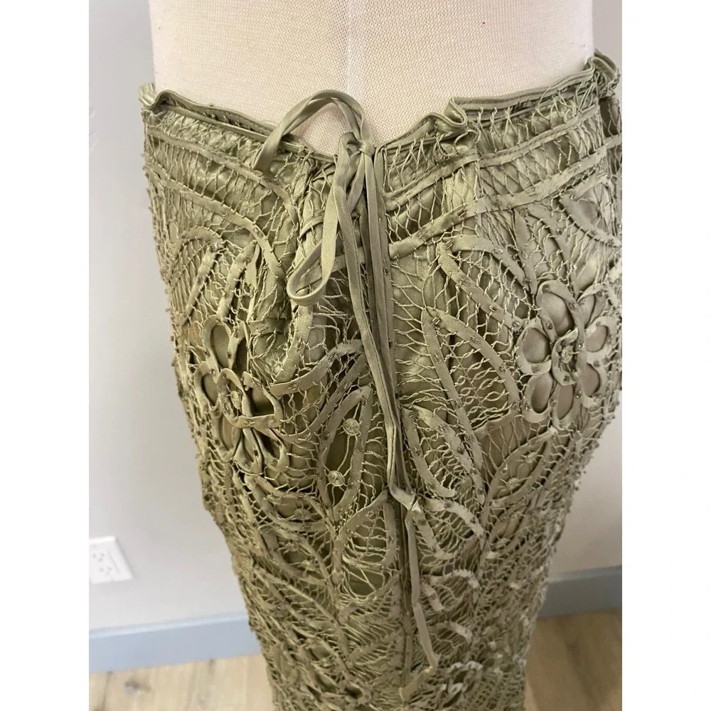 Vintage 90s Y2K Silk 3 Piece Set Lace Beaded Blouse Tank Skirt Sage Green Formal